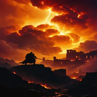 Kratos’s silhouette against a backdrop of fiery clouds and Olympus in ruins, symbolizing the cost of his vengeance against Zeus.
