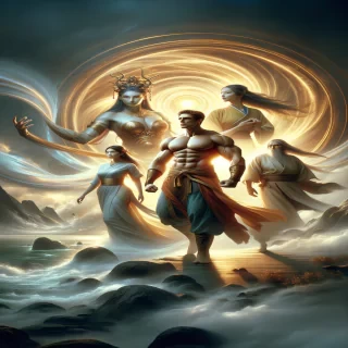 Kratos and his siblings, Nike, Bia, and Zelos, standing on the shores of the Styx River, surrounded by a divine golden aura, with swirling mists and a celestial backdrop. 9:16