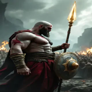 Kratos alongside Nike, wielding a gleaming spear and shield, with a battlefield of fallen titans in the distance, symbolizing their shared divine strength and victory.