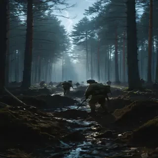 "The dark forest of Katyn at dawn, Soviet soldiers digging mass graves, the trees casting long shadows over the grim scene."