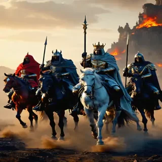 Create an ultra-realistic cover image featuring four distinct riders, each representing one of the Four Horsemen of the Apocalypse. Place them side by side, riding boldly across a desolate, apocalyptic landscape. Each horseman should be highly detailed:  The First Horseman on a majestic white horse, wearing a golden crown and holding a glowing, elegant bow, representing conquest and false peace. The Second Horseman on a fiery red horse, wielding a massive, bloodstained sword, symbolizing war and bloodshed. The Third Horseman on a sleek black horse, carrying a detailed, ornate scale in one hand, signifying famine and scarcity. The Fourth Horseman on a pale, ghostly greenish-white horse, shrouded in a dark hood, with a chilling skeletal figure, representing death and destruction. The landscape should be barren and filled with ruins, with skeletal remains scattered across the ground. The sky above should be ominous, swirling with dark clouds, fiery reds, and pale greens, creating a sense of doom and despair. Faint, glowing light should break through the clouds to illuminate the four riders, highlighting their power and ominous presence. The composition should be dynamic, with the horses in mid-gallop, their manes and tails flowing dramatically, emphasizing movement and chaos