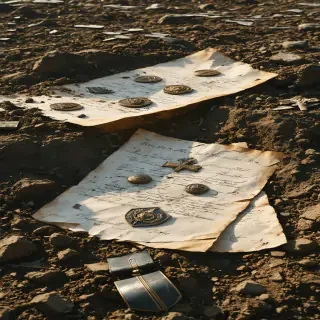 "A close-up of Polish military badges and documents lying in the dirt near a mass grave, symbolizing the erasure of an entire elite class."