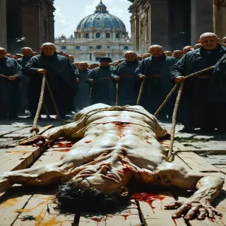 A grotesque depiction of Borgia's corpse. The body is bloated and discolored, lying on a simple plank. Figures in the background use ropes to drag the corpse into the imposing entrance of Saint Peter’s Basilica.