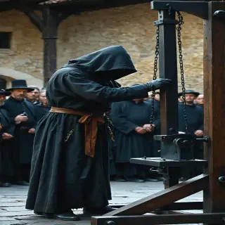 "A revolutionary executioner dressed in dark robes, adjusting the guillotine’s mechanism before a public execution."