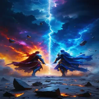 Two celestial warriors clashing amidst a cosmic battlefield, with fragments of the ground and sky breaking apart around them.