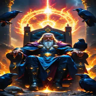 Odin seated on a grand throne in Asgard, surrounded by glowing runes and two ravens perched nearby, exuding wisdom and menace