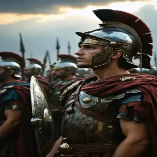 "A young Roman soldier gazing at the horizon, dreaming of victory as his comrades prepare for battle."