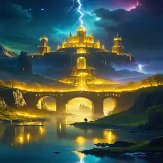 A celestial vision of Asgard, with golden halls, the glowing Bifröst bridge, and a divine presence preparing for battle.