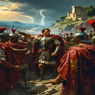 Caesar commanding his legions, pointing toward Alesia while strategizing with his generals.