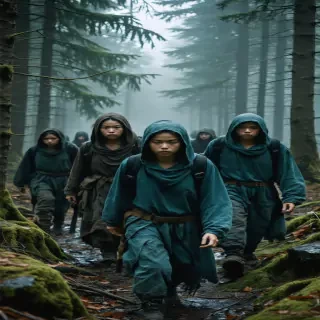 Wide shot of confused travelers emerging from forest with blank expressions, clothing torn, soft diffused gray light, camera slowly orbiting, eerie silence effect, dramatic desaturated palette, IMAX realism, 9:16.