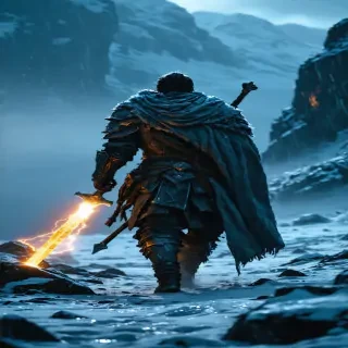 A lone warrior trekking through a frozen landscape, his glowing weapon casting light against the stormy backdrop.