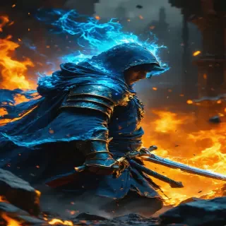 A warrior and a divine figure locked in an intense standoff, their powers creating a blend of fire and frost in the surrounding atmosphere.