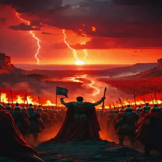 The Roman legions celebrating their victory, with Caesar delivering a triumphant speech under a blood-red sunset.