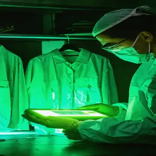 Scientists examining glowing Geiger counter near clothing, dark lab, green light.