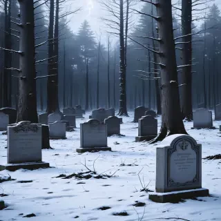 "A haunting image of the forest after the massacre: empty, snow-covered graves surrounded by eerie silence and skeletal trees."