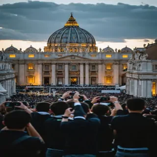 A breathtaking, ultra-realistic scene of a grand ceremony unfolding in Vatican City, under the gaze of thousands of onlookers and cameras from around the world. The iconic St. Peter's Basilica towers in the background, bathed in a warm, golden light that contrasts with the dark, dramatic sky above. The square is filled with a diverse crowd of people, from reporters with cameras flashing to pilgrims holding candles, their faces reflecting awe and curiosity. In the center of the scene, Pope Francis stands on an ornate platform, dressed in his ceremonial robes, holding a golden key aloft. Around him, high-ranking clergy in intricate vestments form a solemn circle, their expressions reverent. The atmosphere is charged with anticipation, as the entire world seems to hold its breath, waiting for the momentous act to unfold. Overhead, swirling clouds part slightly, revealing faint rays of divine light, adding to the mystique and gravity of the ceremony.