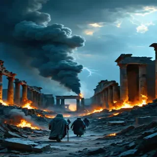 "The ruins of Carthage after its destruction, with smoke rising and survivors wandering through the desolation."