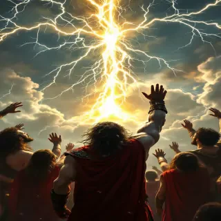 Kratos with his siblings, raising their hands in unison to the heavens, invoking their divine strength as the Olympian sky crackles with lightning.