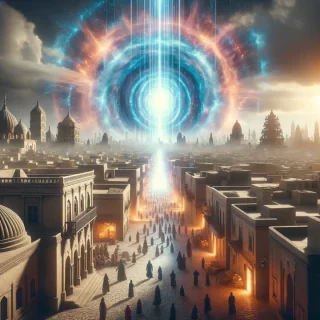 A dramatic depiction of the moment the portals fully activate, with beams of light shooting skyward, illuminating the Vatican skyline as people in the streets react with awe and fear.