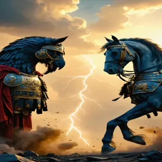 "A symbolic representation of Rome and Carthage, with a Roman eagle and a Carthaginian horse locked in combat."