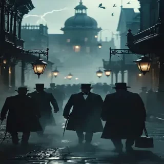 Victorian officials dragging the man through foggy street toward underground laboratory, lanterns swinging, heavy shadows, cinematic low-angle shot, gritty textures, muted palette, 9:16.
