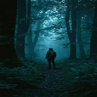 Traveler standing at forest edge staring toward deeper darkness, trees bending subtly inward as if beckoning, slow push forward, strong chiaroscuro lighting, volumetric shadows, IMAX-grade eerie realism, 9:16.