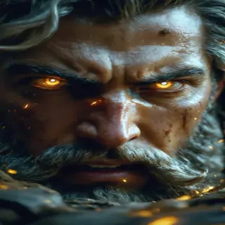 A close-up of Zeus’s face, his piercing eyes filled with wrath and fear as he confronts his rebellious son.