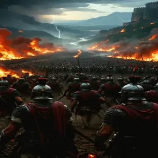 "The Battle of Cannae, showing Carthaginian forces encircling and overwhelming Roman legions on a blood-soaked battlefield."