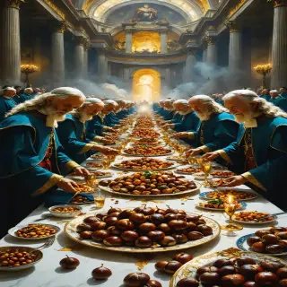A decadent feast known as the "Banquet of Chestnuts" in a grand Vatican hall. Dozens of cardinals sit at a long table laden with extravagant food. Naked courtesans crawl on the floor, collecting chestnuts while participants watch with expressions of indulgence and debauchery.