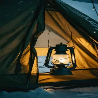 Close-up of tent wall slashed from inside, lantern light glowing through fabric, snowstorm outside, cinematic.