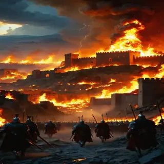 "The final siege of Carthage, with the city engulfed in flames, walls crumbling, and Roman soldiers advancing through the ruins."