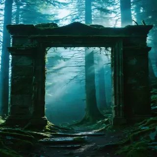 IMAX vertical shot of ancient Eastern European forest entrance, trees towering unnaturally tall, fog swirling around moss-covered stones, dim green-blue light, cinematic slow dolly-in, hyper-real textures, volumetric mist, ominous mood, 9:16.