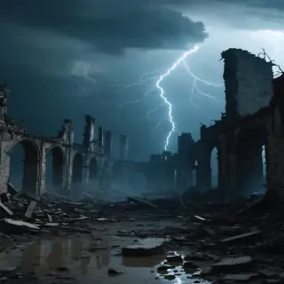 "A haunting depiction of the once-thriving city now a desolate wasteland, with broken walls and silence prevailing."