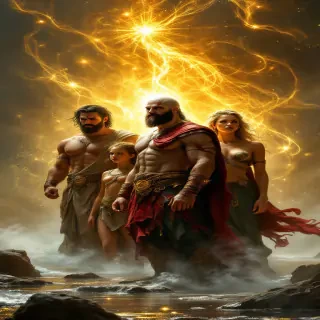 Kratos and his siblings, Nike, Bia, and Zelos, standing on the shores of the Styx River, surrounded by a divine golden aura, with swirling mists and a celestial backdrop.