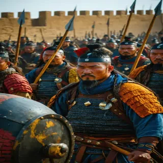 "A close-up of Mongol warriors preparing their siege engines outside the walls of Merv, with determination etched on their faces."