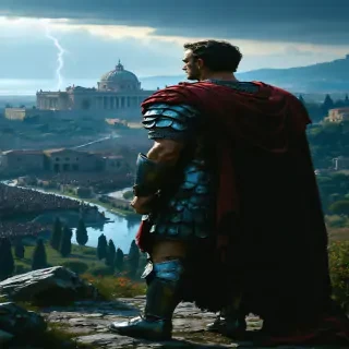 "Hannibal standing on a hilltop overlooking Rome, his army visible in the distance, as he contemplates his next move."