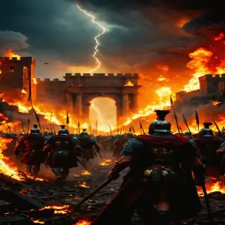 The moment Roman soldiers storm the gates of Alesia, with flames and chaos consuming the city.