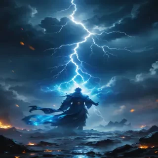 A divine figure summoning a storm, with lightning and icy winds swirling around, creating an atmosphere of power and chaos.