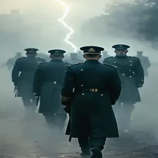 "A symbolic vision of lost potential: Polish officers and intellectuals fading into the mist of history, their faces marked with sadness and resilience."