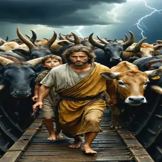 Noah and his family loading the Ark. Each member is seen leading or carrying animals into the vessel. The animals are diverse, with realistic textures and expressions. The family wears simple robes, and their expressions show a mix of exhaustion and determination. The background features storm clouds slowly forming.