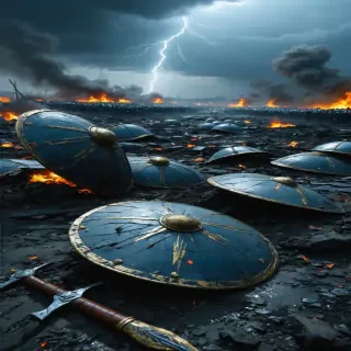 A desolate battlefield outside Alesia, littered with broken shields, weapons, and the bodies of fallen warriors.