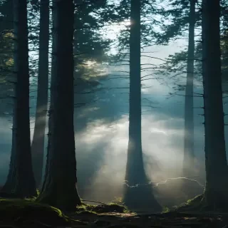 Pan across dense tree silhouettes subtly shifting as if alive, fog pulsing in rhythmic waves, faint human shadows inside bark textures, dramatic tension lighting, IMAX hyper-real forest depth, 9:16 vertical.
