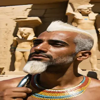 "A comedic yet realistic depiction of an Egyptian man shaving his head to avoid lice, while a wig-maker crafts elaborate wigs from real hair."