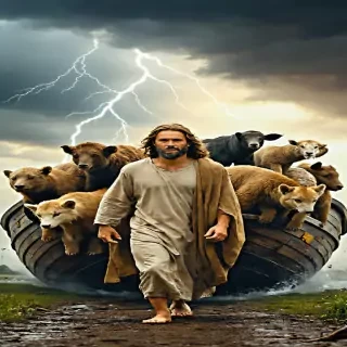 Noah and his family loading the Ark. Each member is seen leading or carrying animals into the vessel. The animals are diverse, with realistic textures and expressions. The family wears simple robes, and their expressions show a mix of exhaustion and determination. The background features storm clouds slowly forming.
