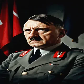 An ultra-realistic portrait of Adolf Hitler, capturing his signature side-parted hair and small mustache. He is depicted in a crisp Nazi military uniform with a swastika armband, set against a shadowy background with faint red and black banners. His intense gaze conveys a chilling sense of control and ambition.