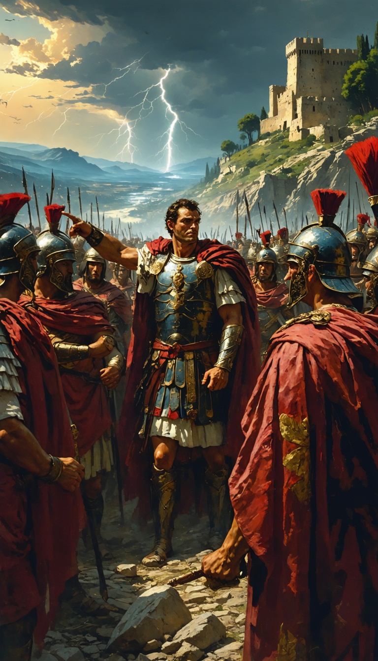 Caesar commanding his legions, pointing toward Alesia while strategizing with his generals.