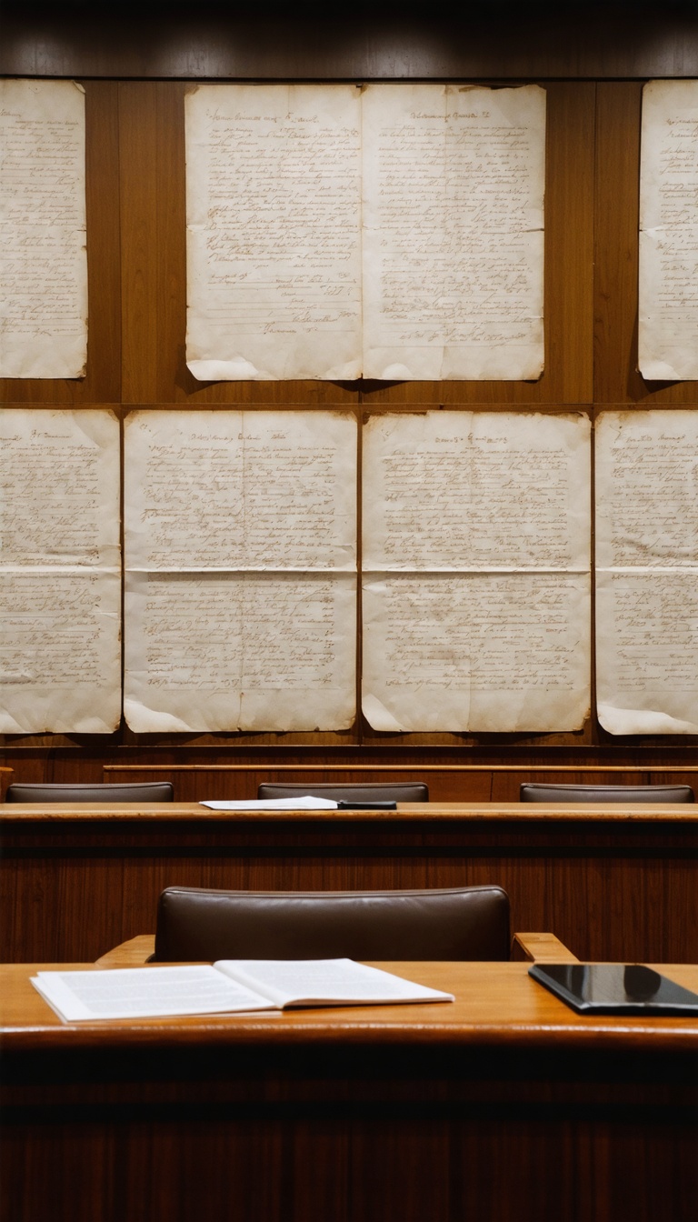 "A courtroom scene decades later, as Russia acknowledges the NKVD's role in the Katyn Massacre, with historical documents displayed as evidence."