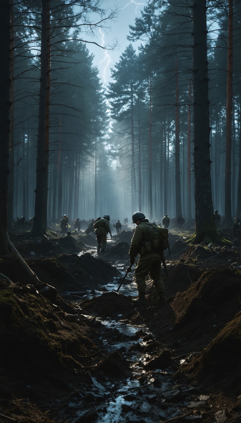 "The dark forest of Katyn at dawn, Soviet soldiers digging mass graves, the trees casting long shadows over the grim scene."