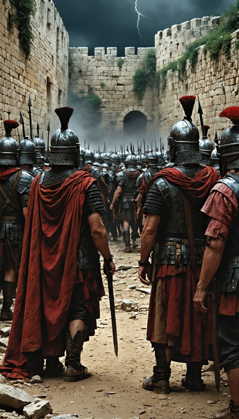 A scene of the abandoned women and children between the walls, surrounded by cold Roman soldiers.