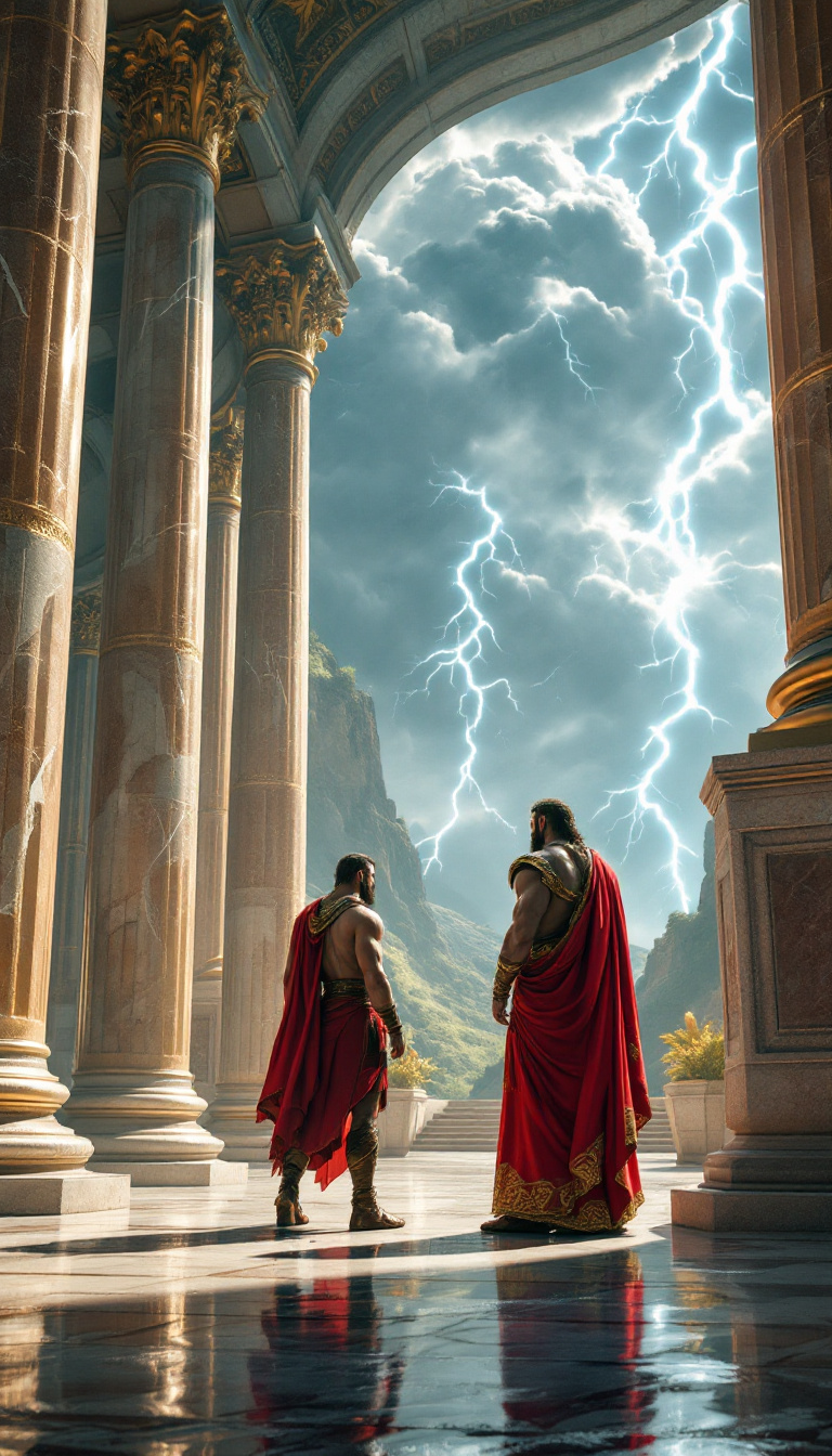 Kratos receiving orders from Zeus in the grand palace of Olympus, with lightning bolts illuminating the clouds and marble columns glistening in the divine light.